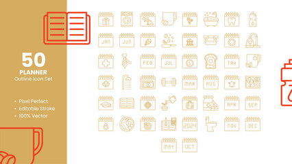 Set of 50 Outline Icons Related to Planner. Pixel Perfect Icon. Outline Icon Collection. Fully Editable. Vector Illustration.