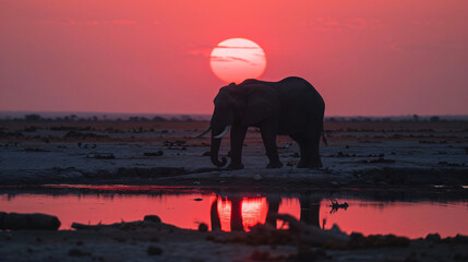 Elephant at sunset in Namibia Etosha Park. - obrazy, fototapety, plakaty
