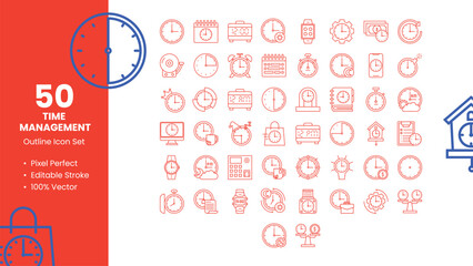 Set of 50 Outline Icons Related to Time Management. Pixel Perfect Icon. Outline Icon Collection. Fully Editable. Vector Illustration.