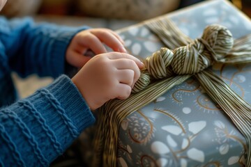 childs fingers struggling with a stubborn knot on a large gift - obrazy, fototapety, plakaty