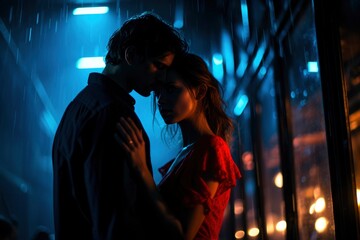 Fototapeta premium Intimate Couple Embracing in Rainy Urban Night.