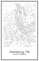 A city map wall art Poster of the city streets of Harrisburg PA