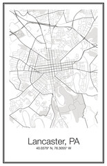 A city map wall art Poster of the city streets of Lancaster PA