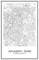 A city map wall art Poster of the city streets of Jerusalem Israel.