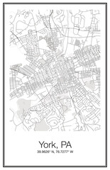A city map wall art Poster of the city streets of York PA