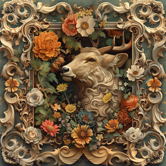 The animal should be elegantly integrated into the scene, embodying the graceful and ornamental qualities of the Art Nouveau movement. Surround the animal with a variety of lush, detailed flower

