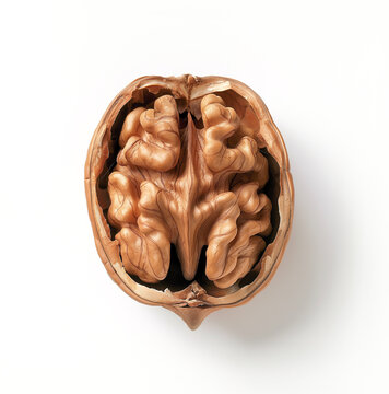 opened walnut in front of a white background, looks like a brain - theme healthy nutrition, fats and oils