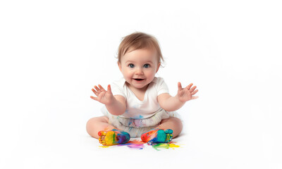 Fototapeta na wymiar Happy cheerful baby in a white bodysuit, stained with paint, sits on a white background. A child with painted legs. Banner with place for text. Peace and happy childhood concept