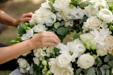 Obraz na płótnie Canvas florist placing final touches on a wedding wreath with white blooms