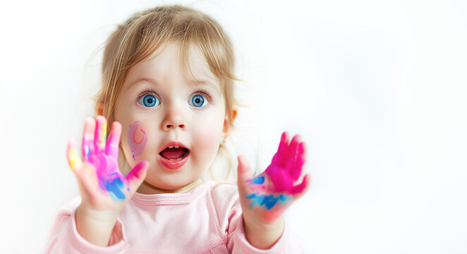 Surprised little girl with blue eyes shows her hands stained with paint, on a white background. Happy child draws with colored paints. Banner with place for text. Peace and happy childhood concept