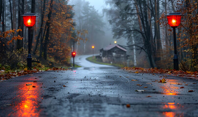 Empty, glowing roadway disappearing into a foggy autumnal setting of trees and a village, with the...
