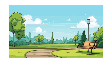 Bench in the park with cityscape in the background. Vector illustration