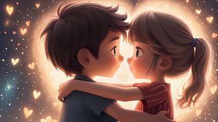 An adorable animated GIF of a boy shyly approaching a girl and giving her a warm and heartfelt hug.
