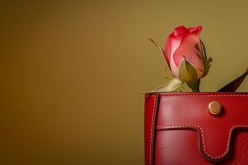leather handbag with elegant rosebud tiptoeing out - obrazy, fototapety, plakaty