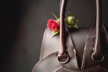 leather handbag with elegant rosebud tiptoeing out - obrazy, fototapety, plakaty