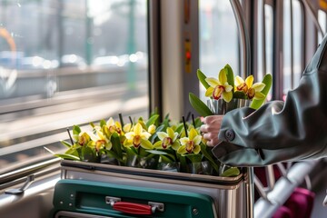 person on train holding suitcase with orchids