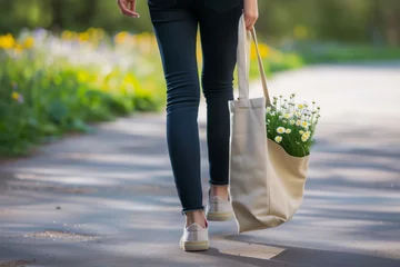 Poster woman walking with daisies peeking out from a tote bag © studioworkstock