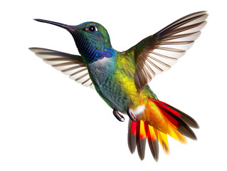 Colorful hummingbird, a pollinator bird, in flight on black background.