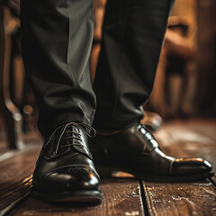 黒色に着込んだビジネススーツ姿の男性の足元の革靴の様子 - obrazy, fototapety, plakaty