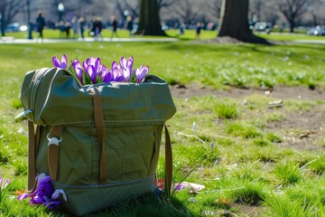 cooler bag with crocuses at park