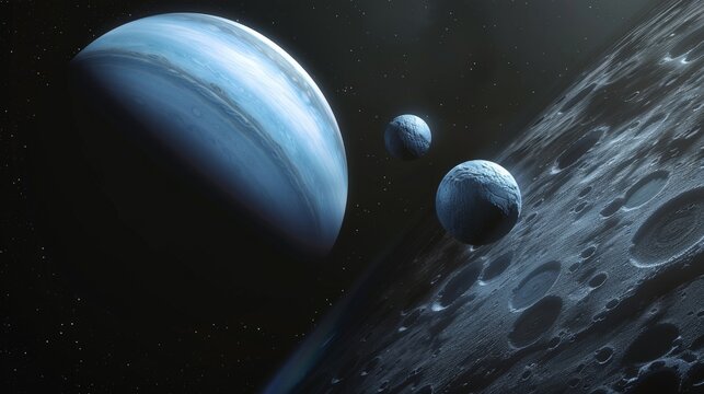 Neptune's interaction with one of its largest moons, Triton, illustrating the gravitational dance between the planet and its icy satellite