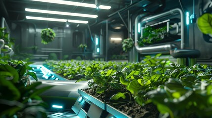 This high-tech indoor farm utilizes advanced hydroponic systems and LED grow lights to cultivate rows of lush, green plants in a controlled environment. - obrazy, fototapety, plakaty