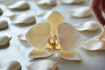 rolled fondant petals being assembled into an orchid