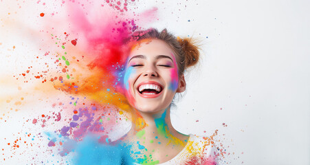 Cheerful young woman with a beautiful smile, covered in rainbow powder, smiling at the camera on a white background with copy space. Celebrating the spring festival of Holi