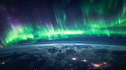 the Northern Lights (Aurora Borealis) over Earth, with vibrant green and purple lights dancing across the night sky, viewed from space