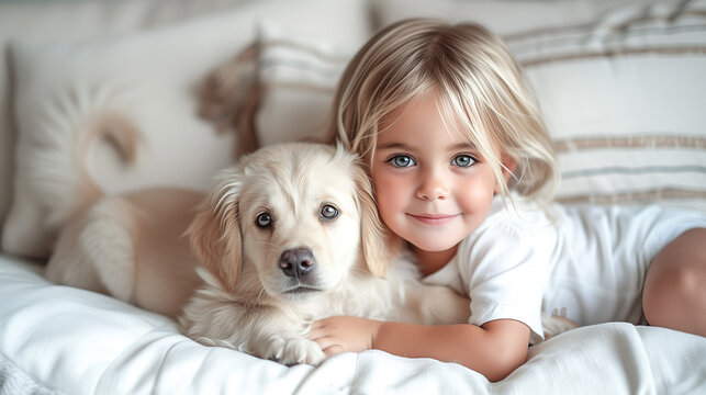 Portrait of a happy cute little girl hugging her beloved golden retriever puppy while lying on the bed at home. Children and animals friendship concept