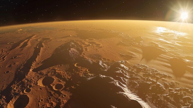 capturing the entirety of Mars, emphasizing the contrast between the northern lowlands and southern highlands, along with visible large volcanoes and canyons