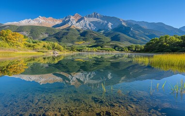 Fototapeta na wymiar A lake nestled among towering mountains and lush grass