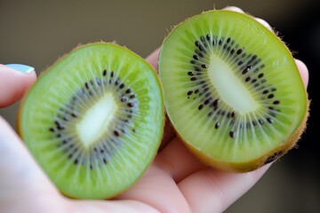 hand holding a kiwi sliced in half, seeds visible