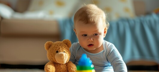 A young baby is sitting on the floor next to a teddy bear in a cozy room
