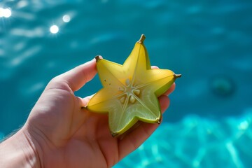hand holding a starfruit beside a clear blue pool