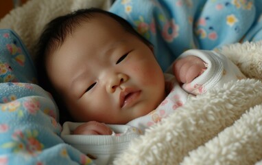 A multiracial baby is peacefully laying on a soft blanket on top of a bed
