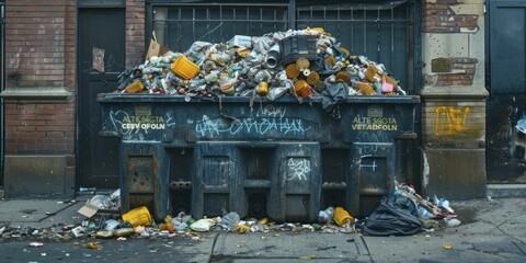 Overflowing dumpster trash pattern, excess and consumption, environmental impact