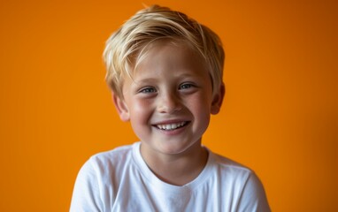 A young boy with blonde hair is smiling directly at the camera - Powered by Adobe