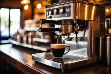 Fototapeta na wymiar Barista espresso machine close up. Shiny steel espresso machine pouring coffee. 