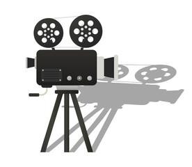 Video camera with two rolls of tape and shadow in the background. Film crew, cinema, directors work, movie, series, set, pavilion, tripod, equipment, lens, wide angle. Vector illustration