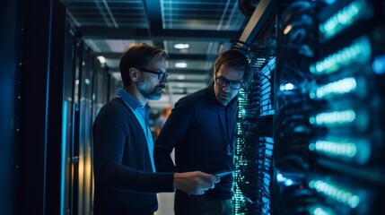 Expert IT professionals collaborate in a server room, strategizing over network systems management and data efficiency.