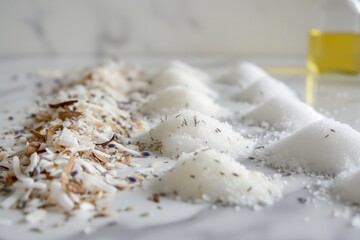 a line of coconut flakes, sugar, and lavender oil for a scrub