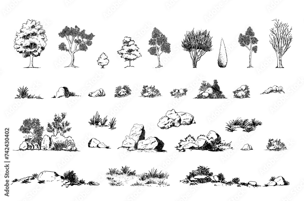 Poster Minimal sketch style cad tree stone line drawing, Side view, set of graphics trees elements outline symbol for architecture and landscape design drawing. Vector illustration in stroke fill in white.