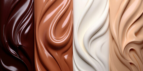 a close up of chocolate and cream vanilla ,various flavor custard texture, top view, copy space