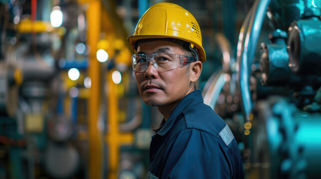 industrial worker stand confidently in sprawling manufacturing plant and represents skilled labor force driving modern industry, factory, workforce development, engineering, manufacturing processes