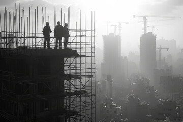 Construction workers standing on scaffold overlooking city - obrazy, fototapety, plakaty