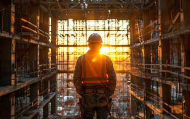 Man is construction worker in helmet and orange vest his hands are folded in front of him against the background of the construction site at sunset. 