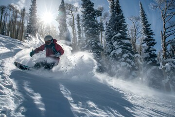Snowboarder carving through powdery snow on a sunny day in Utah. Concept Outdoor Sports, Snowboarding, Winter Activities, Ski Resorts, Adventure Sports