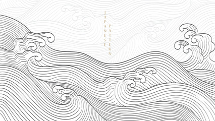 Japanese background with Chinese wave and grey texture element vector. Hand drawn natural ocean sea decoration in vintage style. Marine template.