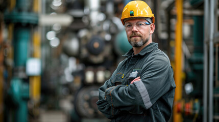 industrial worker stand confidently in sprawling manufacturing plant and represents skilled labor force driving modern industry, factory, workforce development, engineering, manufacturing processes